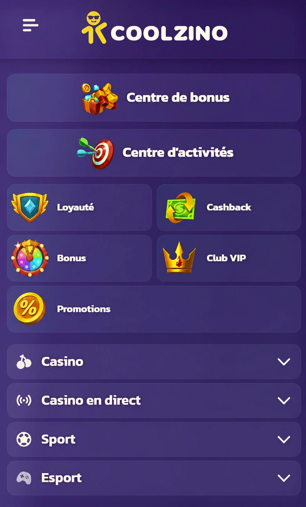 Coolzino Casino games menu